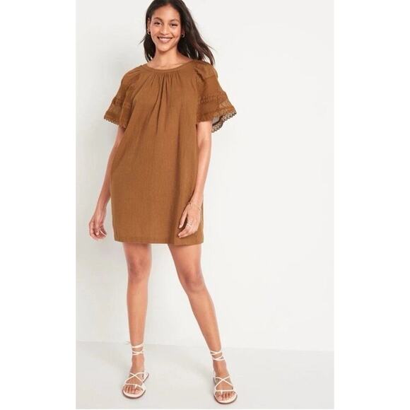 OLD NAVY Flutter-Sleeve 100% Cotton Mini Swing Crochet Dress Plus Size 2X Mocha - Picture 5 of 14
